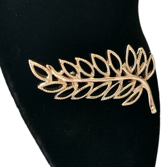Estate EMMONS Feather Brooch Pin Open Work Leaf Filigree Blonde Gold Tone MCM - Picture 4 of 16